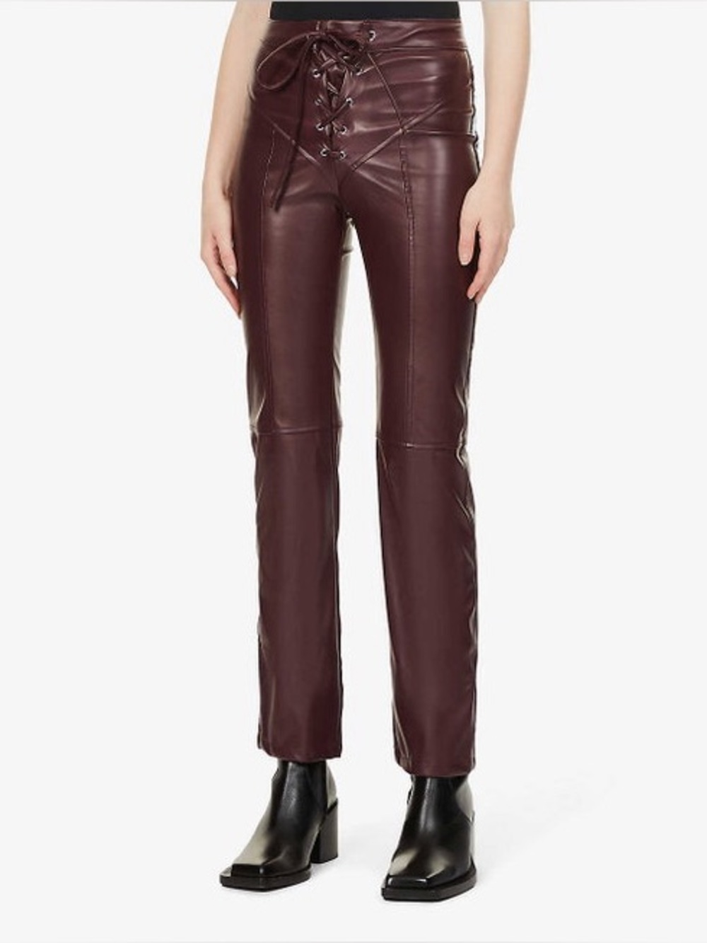 EB Denim Lace-Up Straight-Leg High-Rise Faux-Leather Trousers Pants Burgundy